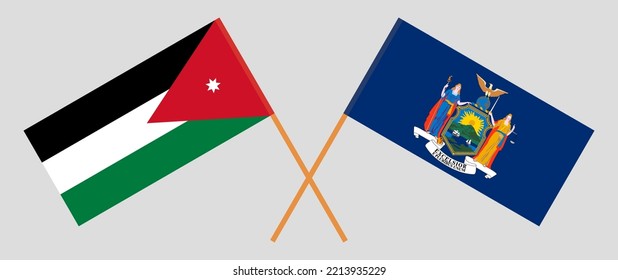 Crossed flags of Jordan and The State of New York. Official colors. Correct proportion. Vector illustration
