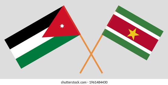 Crossed flags of Jordan and Suriname. Official colors. Correct proportion