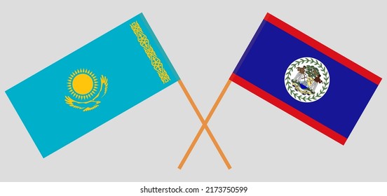 Crossed flags of Kazakhstan and Belize. Official colors. Correct proportion. Vector illustration
