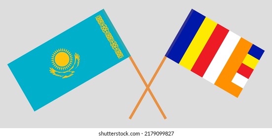 Crossed flags of Kazakhstan and Buddhism. Official colors. Correct proportion. Vector illustration
