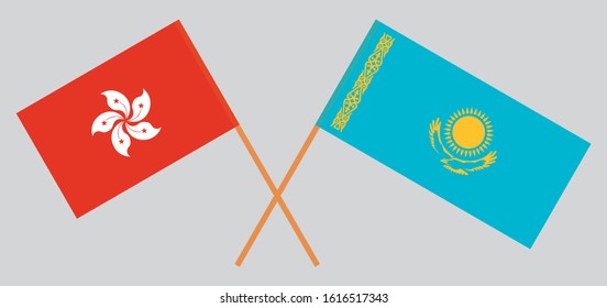 Crossed flags of Kazakhstan and Hong Kong. Official colors. Correct proportion. Vector illustration
