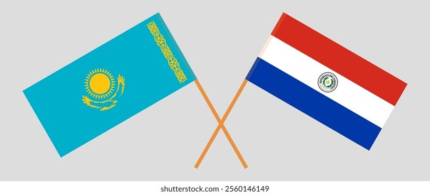 Crossed flags of Kazakhstan and Republic of Paraguay. Official colors. Correct proportion. Vector illustration.
