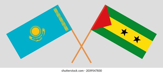 Crossed flags of Kazakhstan and Sao Tome and Principe. Official colors. Correct proportion