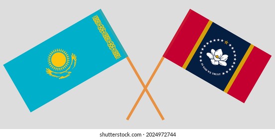 Banderas cruzadas de Kazajistán y el estado de Misisipi. Colores oficiales. Proporción correcta