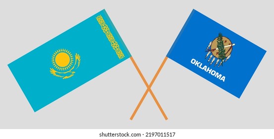 Crossed flags of Kazakhstan and The State of Oklahoma. Official colors. Correct proportion. Vector illustration
