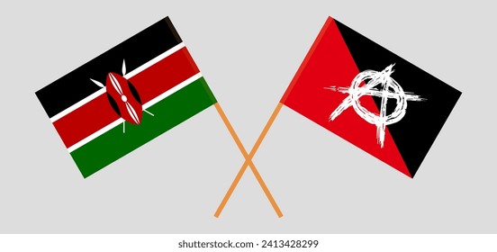 Crossed flags of Kenya and anarchy. Official colors. Correct proportion. Vector illustration
