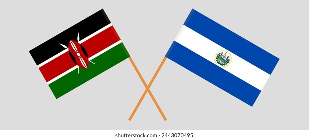 Crossed flags of Kenya and El Salvador. Official colors. Correct proportion. Vector illustration
