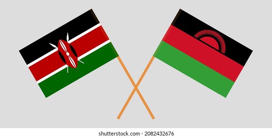 Gekreuzte Flaggen Kenias und Malawis. Offizielle Farben. Richtiger Anteil