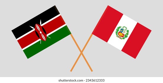 Crossed flags of Kenya and Peru. Official colors. Correct proportion. Vector illustration
