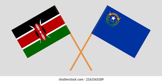 Gekreuzte Flaggen Kenias und des Staates Nevada. Offizielle Farben. Richtiger Anteil