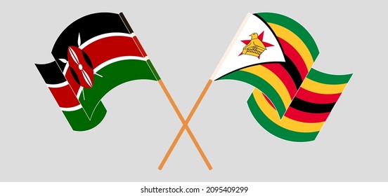 Crossed flags of Kenya and Zimbabwe. Official colors. Correct proportion. Vector illustration

