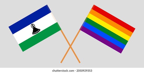 Crossed flags of the Kingdom of Lesotho and LGBTQ. Official colors. Correct proportion