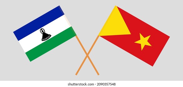 Banderas cruzadas del Reino de Lesotho y Tigray. Colores oficiales. Proporción correcta