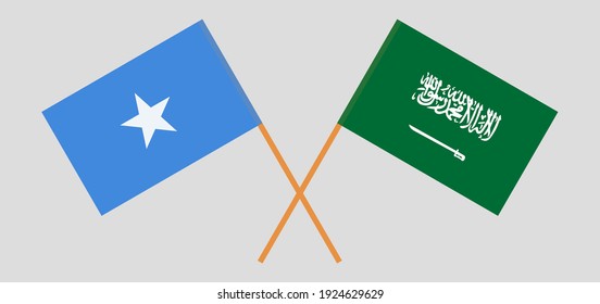 Crossed flags of the Kingdom of Saudi Arabia and Somalia. Official colors. Correct proportion