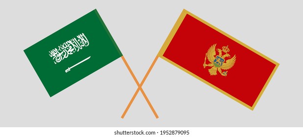 Crossed Flags Of The Kingdom Of Saudi Arabia And Montenegro. Official Colors. Correct Proportion