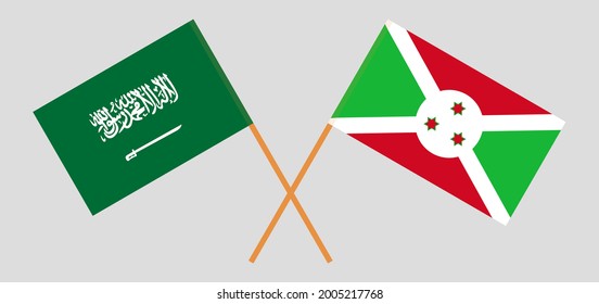 Crossed flags of the Kingdom of Saudi Arabia and Burundi. Official colors. Correct proportion