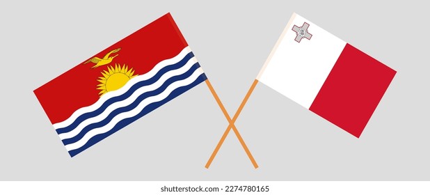 Banderas cruzadas de Kiribati y Malta. Colores oficiales. Proporción correcta. Ilustración del vector