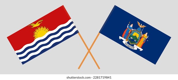 Banderas cruzadas de Kiribati y El Estado de Nueva York. Colores oficiales. Proporción correcta. Ilustración del vector