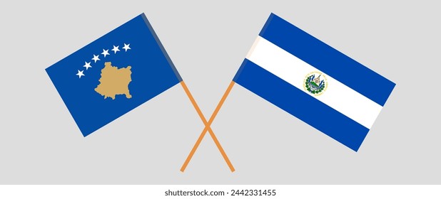 Crossed flags of Kosovo and El Salvador. Official colors. Correct proportion. Vector illustration
