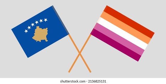 Crossed flags of Kosovo and Lesbian Pride. Official colors. Correct proportion. Vector illustration
