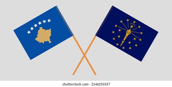 Crossed flags of Kosovo and the State of Indiana. Official colors. Correct proportion. Vector illustration
