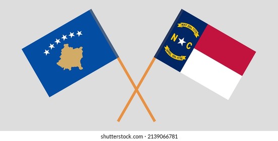 Crossed flags of Kosovo and The State of North Carolina. Official colors. Correct proportion. Vector illustration
