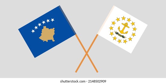 Crossed flags of Kosovo and the State of Rhode Island. Official colors. Correct proportion. Vector illustration
