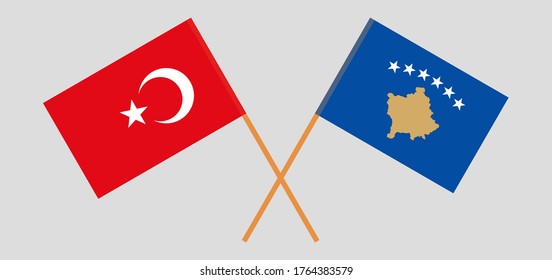 Crossed flags of Kosovo and Turkey. Official colors. Correct proportion. Vector illustration
