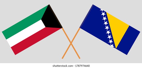 Crossed flags of Kuwait and Bosnia and Herzegovina. Official colors. Correct proportion. Vector illustration
