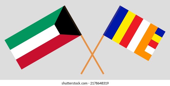 Crossed flags of Kuwait and Buddhism. Official colors. Correct proportion. Vector illustration
