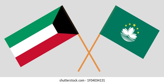 Banderas cruzadas de Kuwait y Macao. Colores oficiales. Proporción correcta