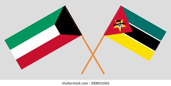 Crossed flags of Kuwait and Mozambique. Official colors. Correct proportion