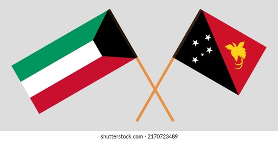 Gekreuzte Flaggen von Kuwait und Papua-Neuguinea. Offizielle Farben. Richtiger Anteil. Vektorgrafik
