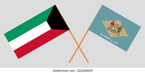Crossed flags of Kuwait and The State of Delaware. Official colors. Correct proportion. Vector illustration
