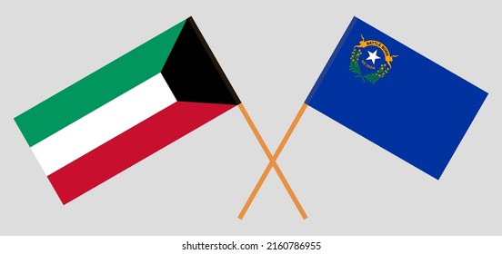 Gekreuzte Flaggen Kuwaits und des Staates Nevada. Offizielle Farben. Richtiger Anteil. Vektorgrafik
