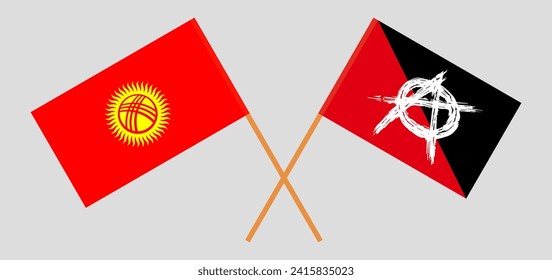 Crossed flags of Kyrgyzstan and anarchy. Official colors. Correct proportion. Vector illustration
