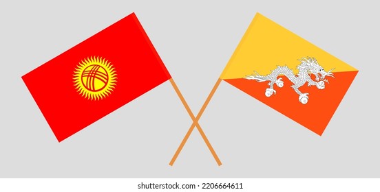 Crossed flags of Kyrgyzstan and Bhutan. Official colors. Correct proportion. Vector illustration

