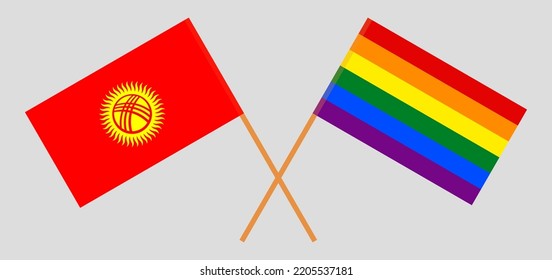 Crossed flags of Kyrgyzstan and LGBTQ. Official colors. Correct proportion. Vector illustration
