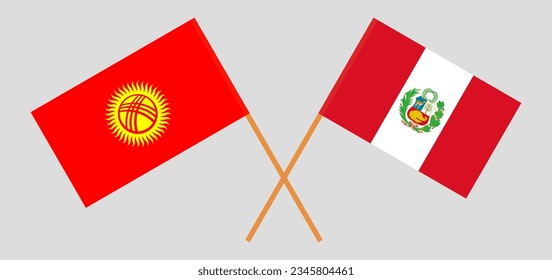 Crossed flags of Kyrgyzstan and Peru. Official colors. Correct proportion. Vector illustration

