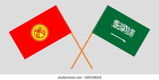 Crossed flags of Kyrgyzstan and Saudi Arabia. Official colors. Correct proportion. Vector illustration

