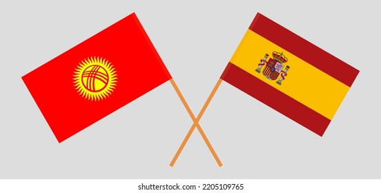 Crossed flags of Kyrgyzstan and Spain. Official colors. Correct proportion. Vector illustration
