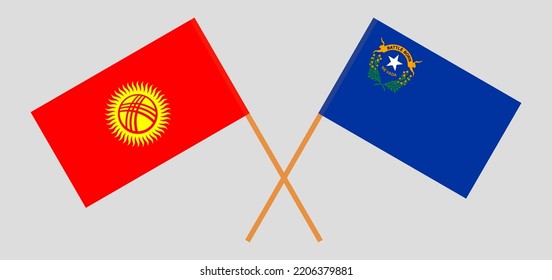 Crossed flags of Kyrgyzstan and The State of Nevada. Official colors. Correct proportion