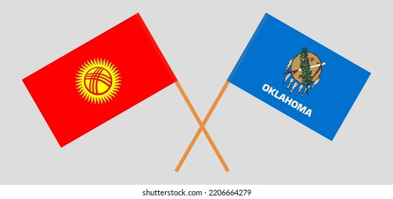 Crossed flags of Kyrgyzstan and The State of Oklahoma. Official colors. Correct proportion. Vector illustration
