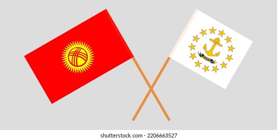 Crossed flags of Kyrgyzstan and the State of Rhode Island. Official colors. Correct proportion. Vector illustration
