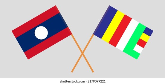 Gekreuzte Flaggen von Laos und Buddhismus. Offizielle Farben. Richtiger Anteil. Vektorgrafik
