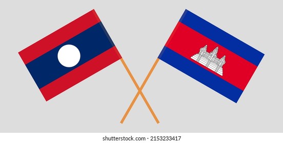 Crossed flags of Laos and Cambodia. Official colors. Correct proportion. Vector illustration
