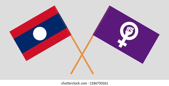 Crossed flags of Laos and Feminism. Official colors. Correct proportion. Vector illustration
