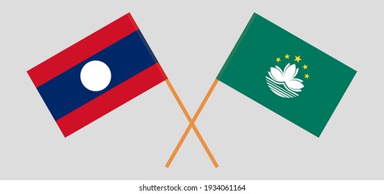 Crossed flags of Laos and Macau. Official colors. Correct proportion