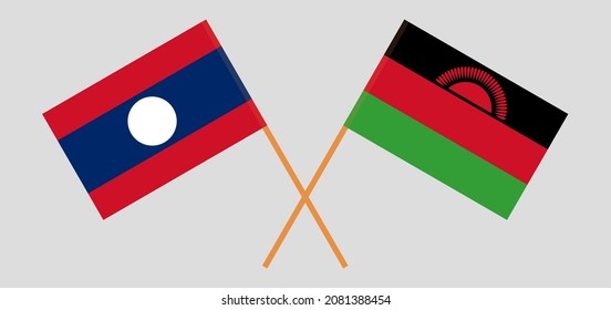 Crossed flags of Laos and Malawi. Official colors. Correct proportion. Vector illustration
