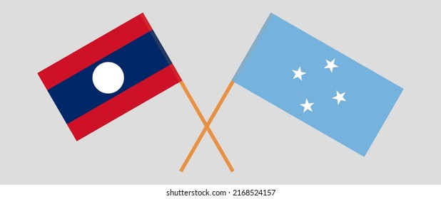 Crossed flags of Laos and Micronesia. Official colors. Correct proportion. Vector illustration
